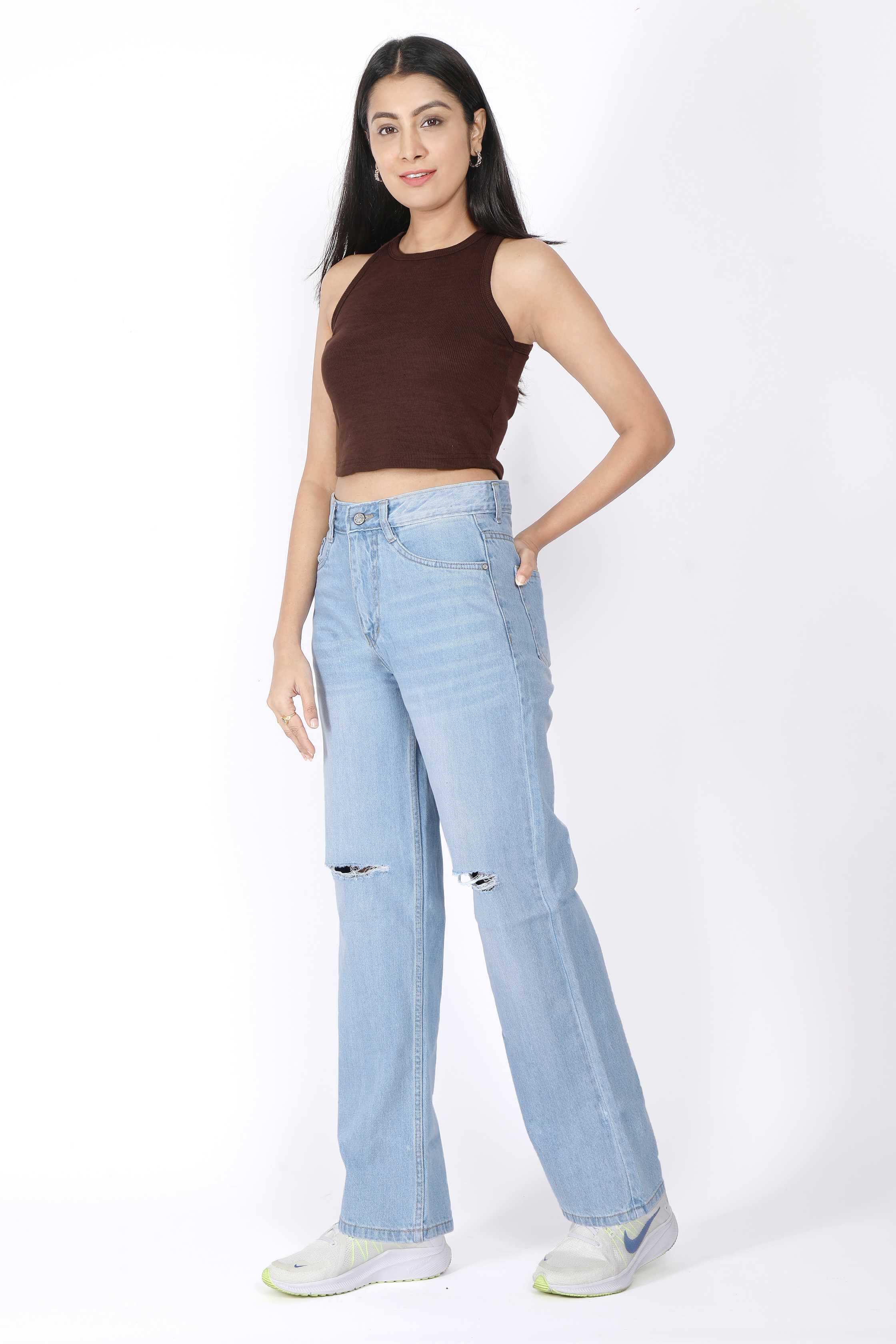 Ripped Denim High Rise Jeans For Women