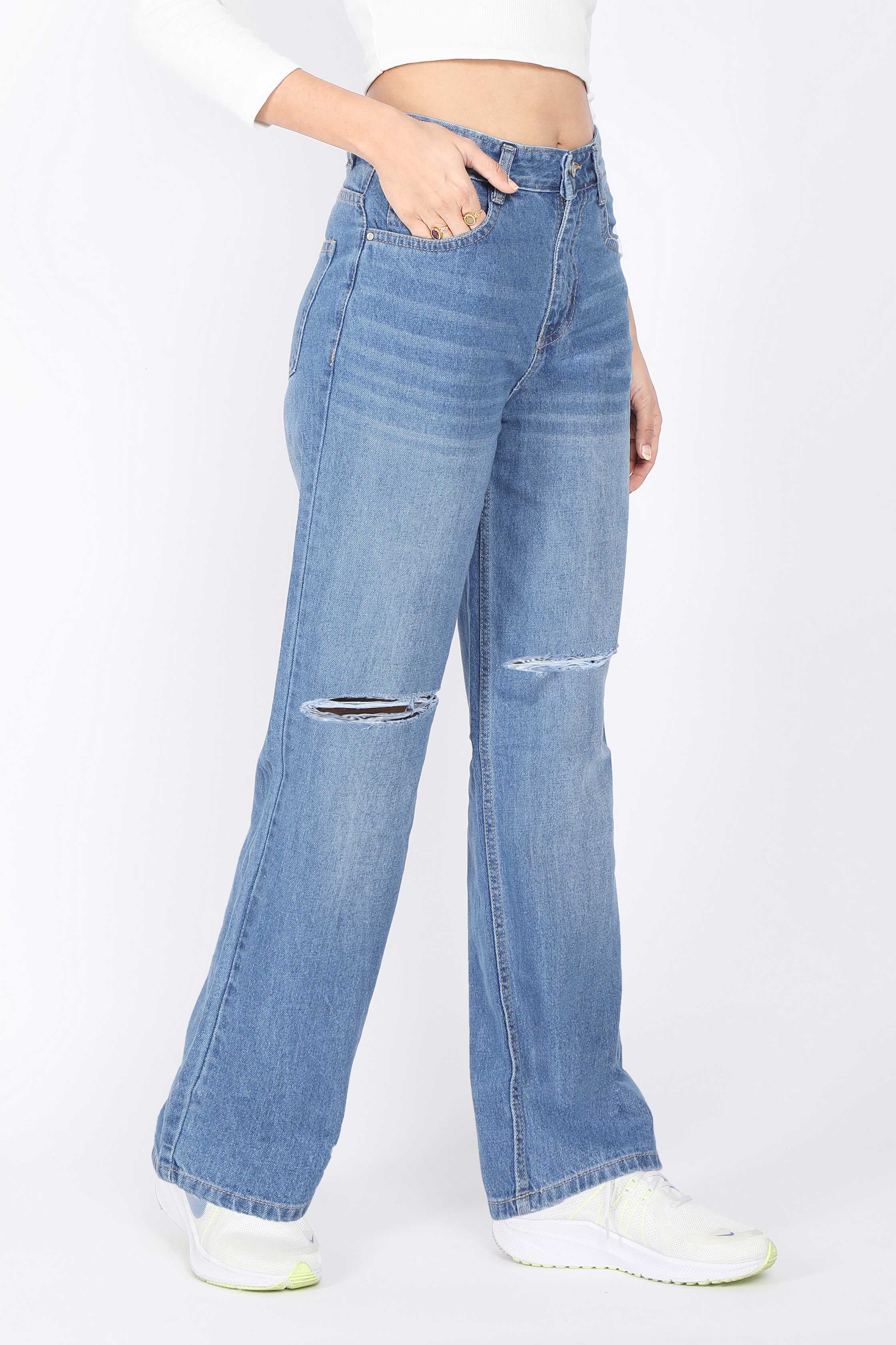 Ripped Denim High Rise Jeans For Women