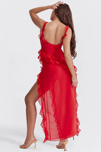 Red Color Ariela Ruffle Maxi Dress