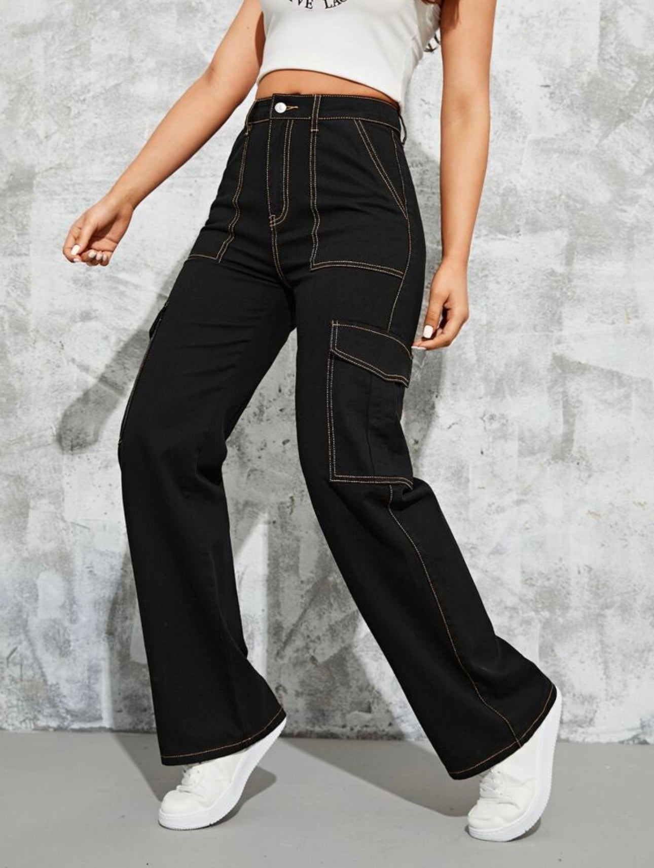 Black High Waist Cargo Jeans For Women & Girl | Wide Leg Jeans