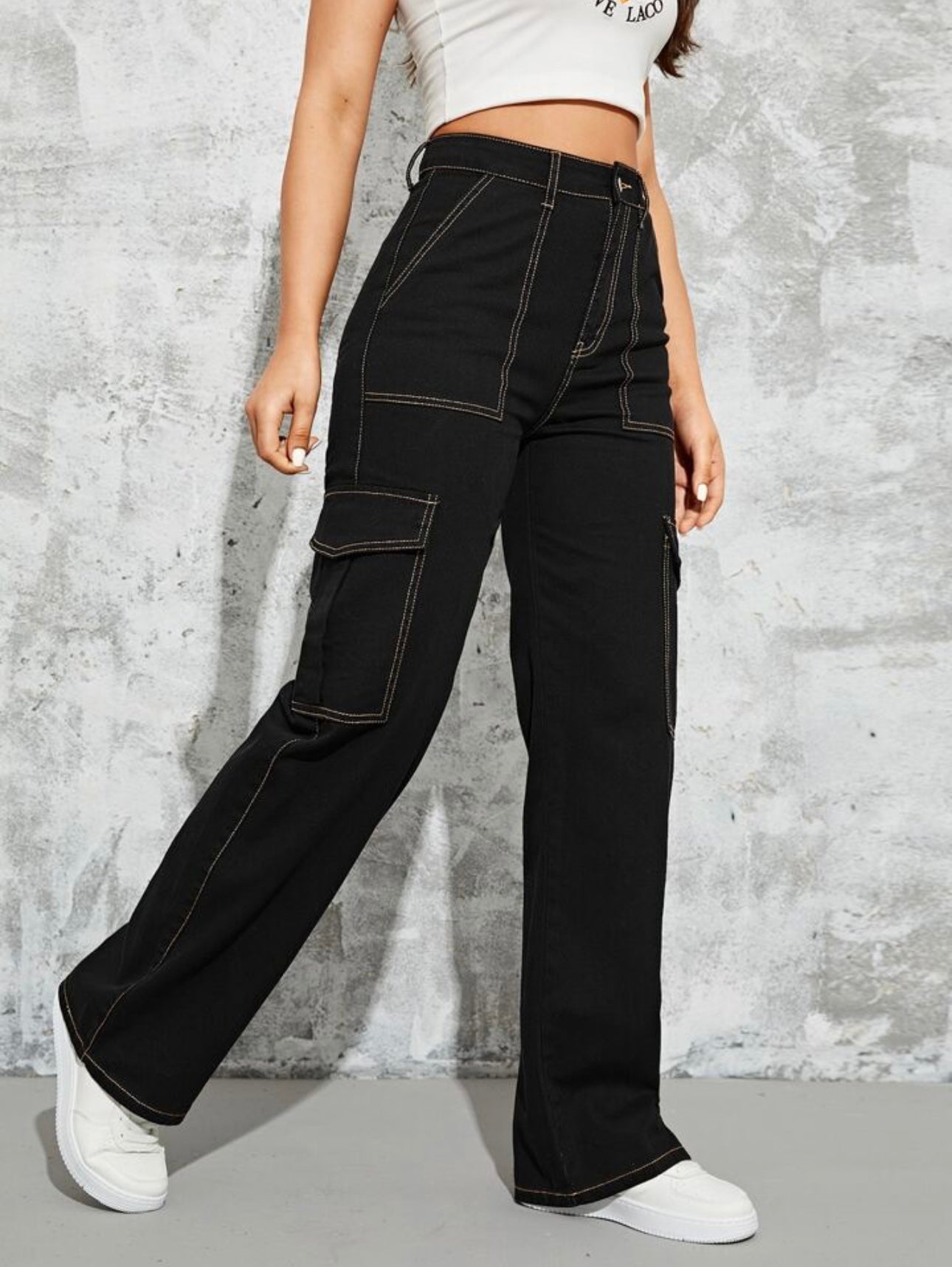 Thread Black High Waist Wide Leg Side Flap Pocket Cargo Jeans She Clothes