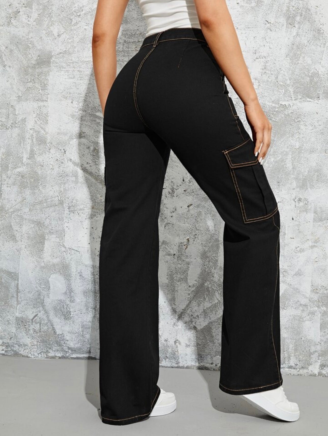 Thread Black High Waist Wide Leg Side Flap Pocket Cargo Jeans She Clothes