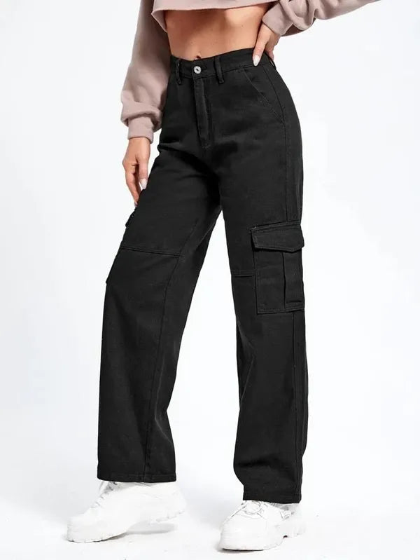 Black 6 Pocket Cargo High Waist Jeans For Women