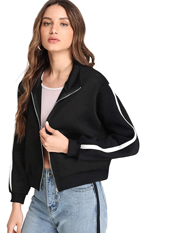 Plain Black Stylish Collar Sweatshirt Jacket