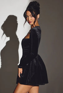 Jet Black Star Velvet Long Sleeves Corset Mini Dress