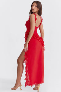 Red Color Ariela Ruffle Maxi Dress