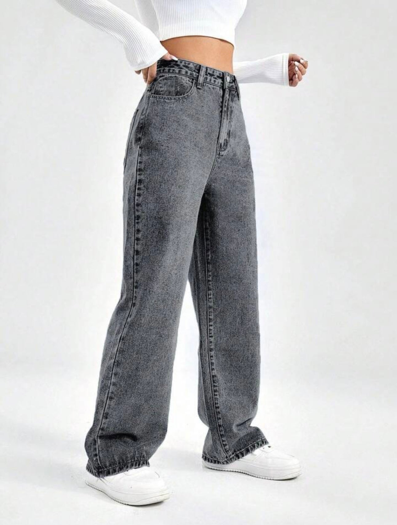 Charcoal Grey Wide Leg Bell Bottom High Waist Jeans For Women