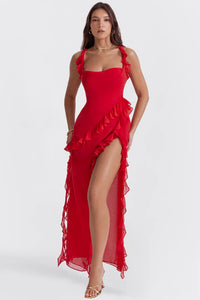 Red Color Ariela Ruffle Maxi Dress