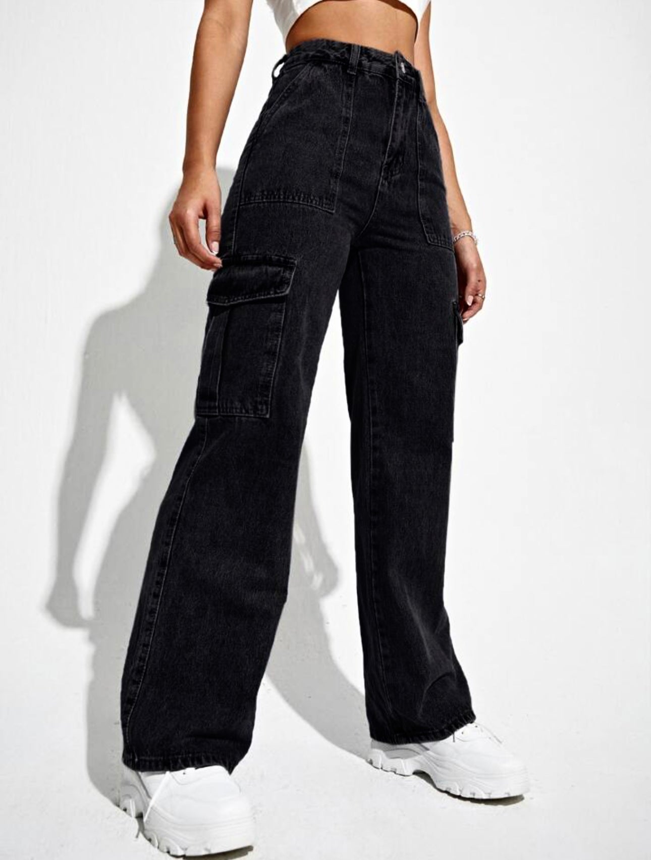 Black Wide Leg Cargo High Waist Jeans For Women & Girls