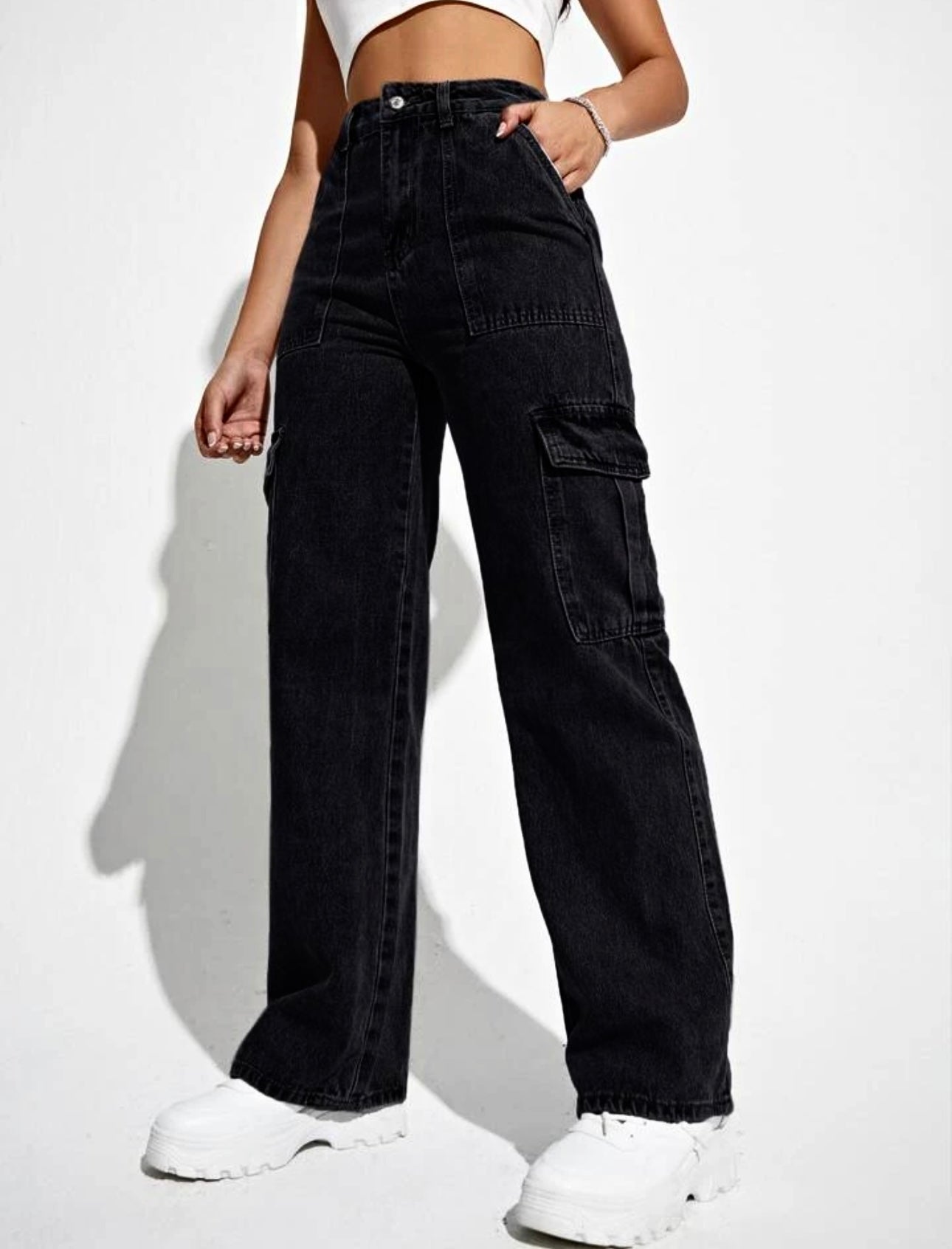 Buy Black Wide Leg Cargo High Waist Jeans For Women & Girls – Khuraafati