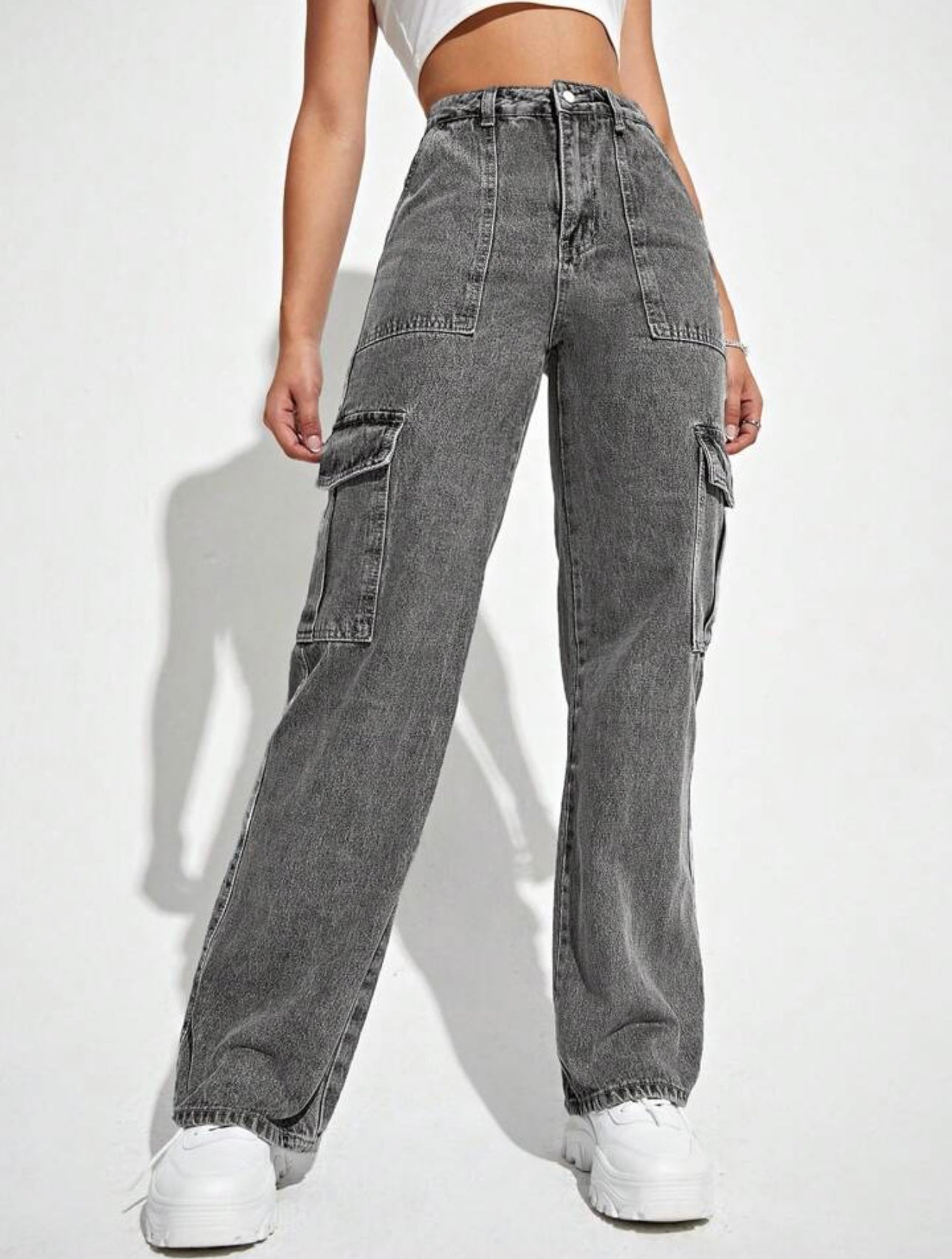 Charcoal Grey Cargo Wide Leg High Waist Jeans For Women