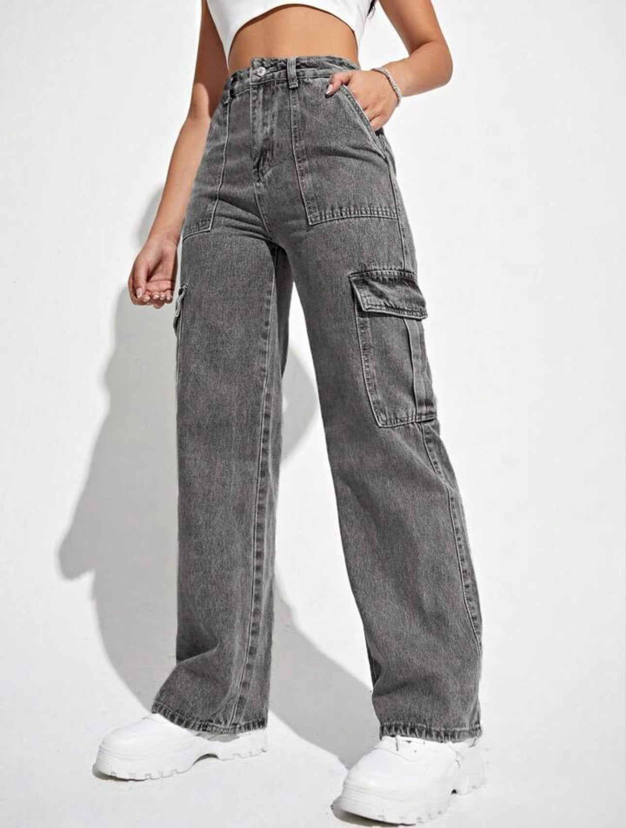 Charcoal Grey Cargo Wide Leg High Waist Jeans For Women