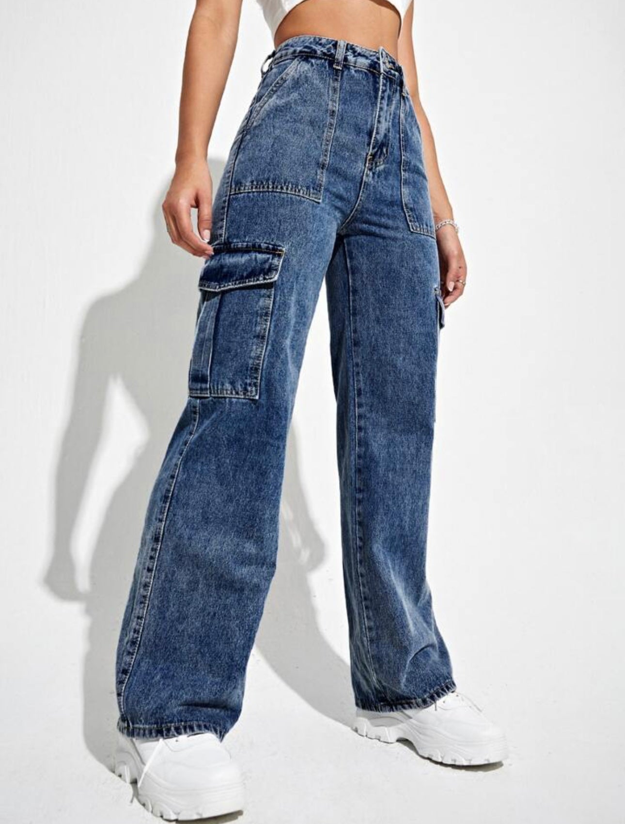 Stone Blue Wide Leg High Waist Jeans For Women | Cargo Jeans