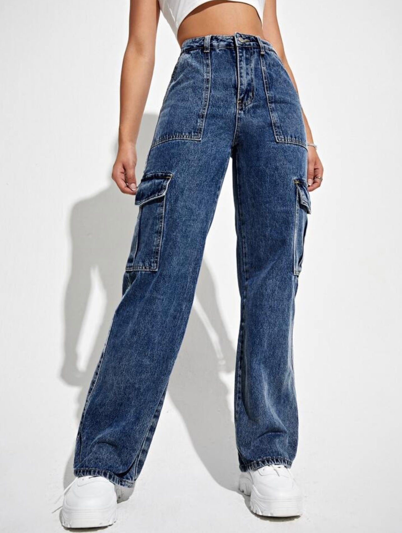 Stone Blue Wide Leg High Waist Jeans For Women | Cargo Jeans