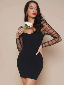 Ruched Sheer Mesh Gigot Sleeve Bodycon Dress