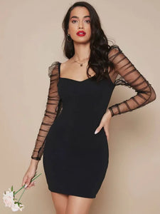 Ruched Sheer Mesh Gigot Sleeve Bodycon Dress