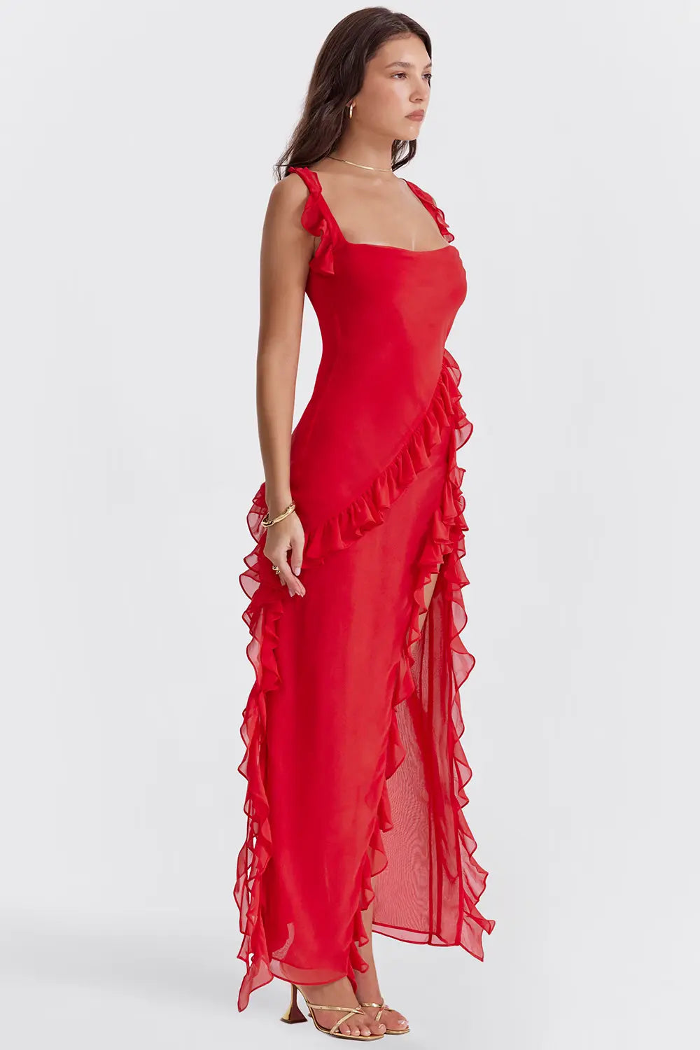 Red Color Ariela Ruffle Maxi Dress