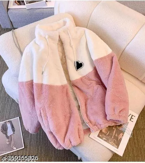 White & Pink Solid Furr Winter Sweatshirt For Women | Zip Hoodie