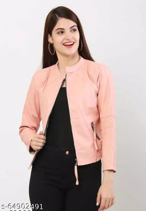 Solid Plain Full Sleeves Leather Jacket for Woman | Best Price