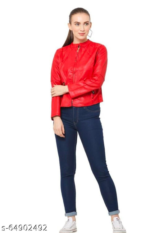 Solid Plain Full Sleeves Leather Jacket for Woman | Best Price