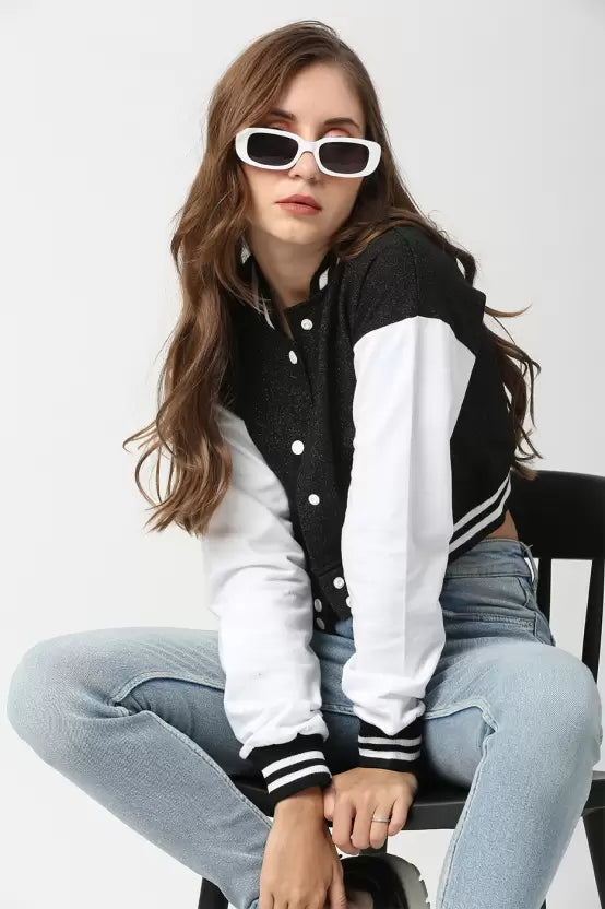 Black & White Cotton Long Sleeve Crop Bomber Jacket For Women