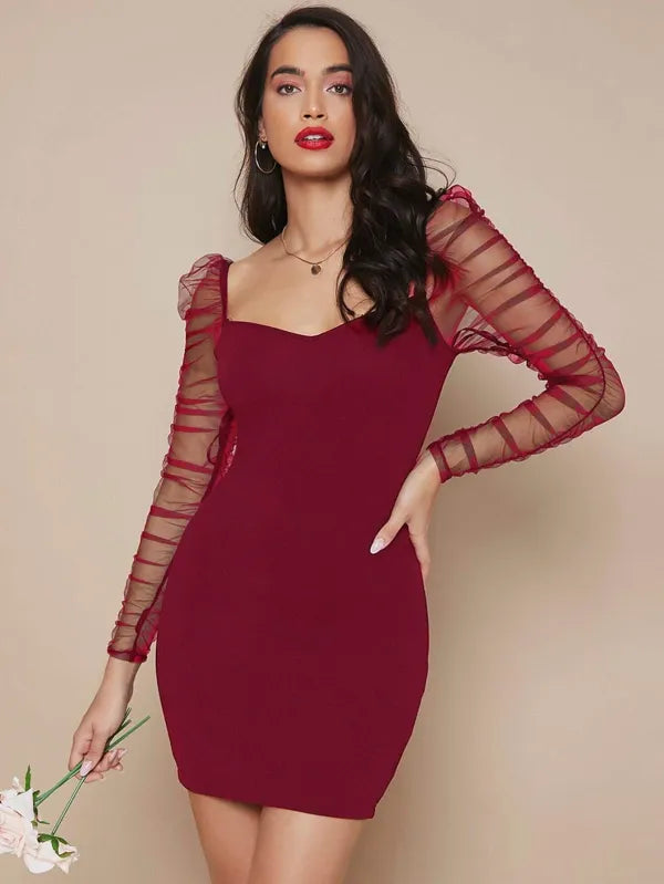 Ruched Sheer Mesh Gigot Sleeve Bodycon Dress