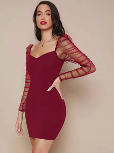 Ruched Sheer Mesh Gigot Sleeve Bodycon Dress