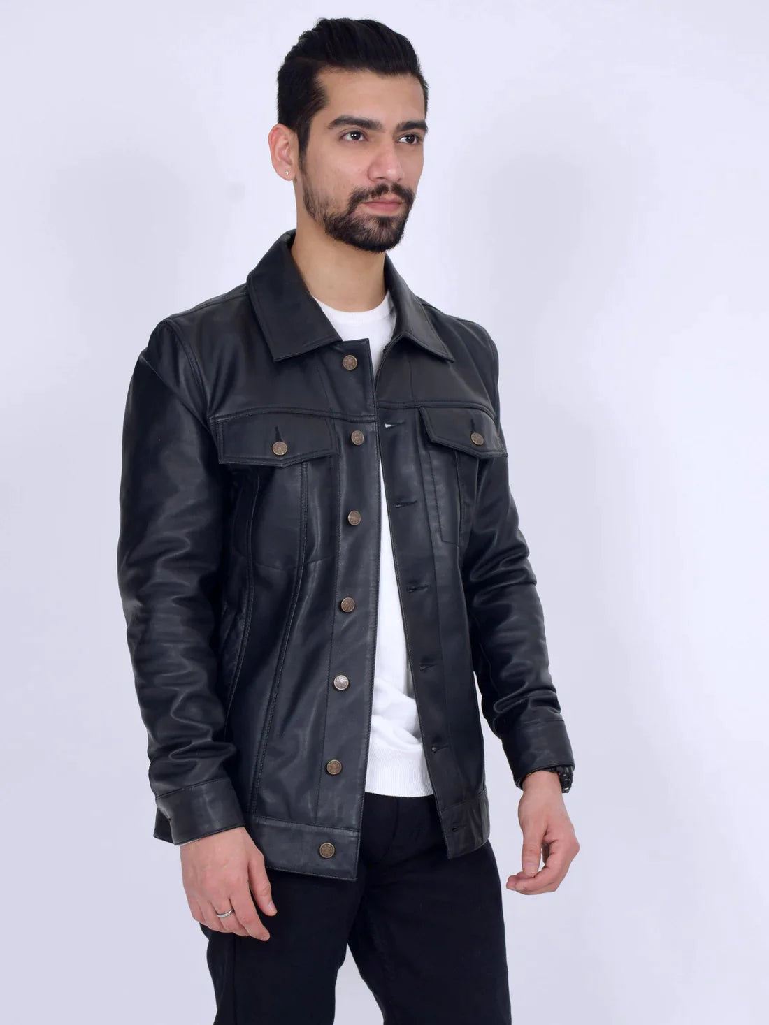 Black Long Trucker Leather Jacket For Men
