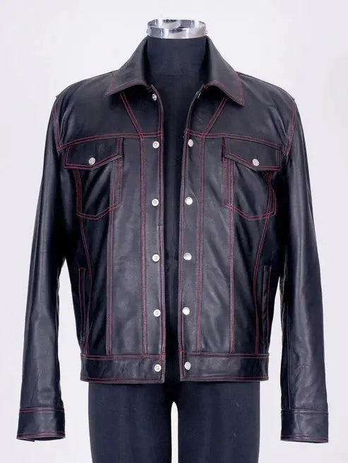 Black with Red Contrast Leather Trucker Jacket