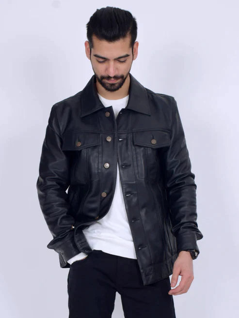 Black Long Trucker Leather Jacket For Men